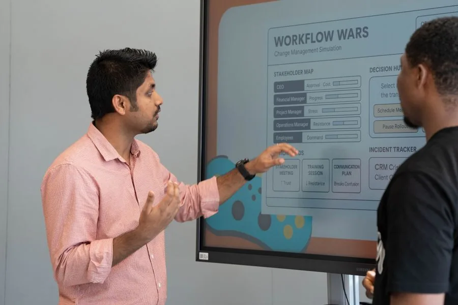 A SaaS team discussing pipeline and CRM data in front of a screen
