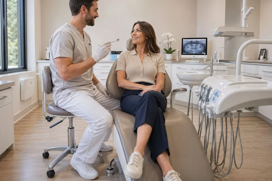 A dentist talking through treatment options with a patient in a modern clinic